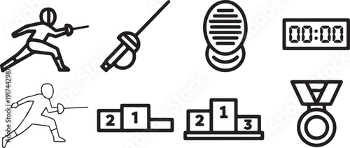 Illustrations of fencing, medals, and podiums representing sports achievements
