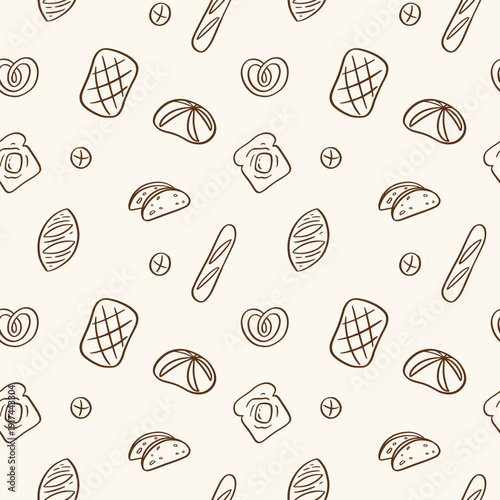 Various kind of bread seamless pattern. Sketch style. Minimalistic hand drawn illustration. Vector background. 