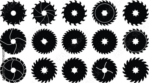 Collection of circular saw blade silhouette icons isolated on white background, industrial woodworking cutting disc set