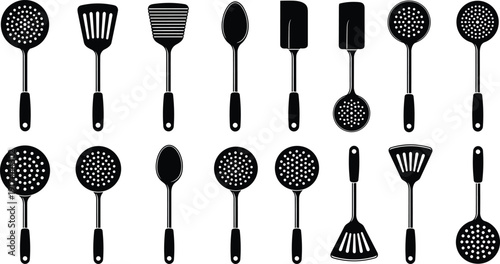Collection of kitchen utensil silhouette icons including spatula, ladle and skimmer isolated on white background set