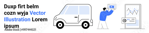 Compact van, person operating tablet for parcel delivery, analytics dashboard. Ideal for delivery, logistics, mobile apps, ecommerce, tracking, data analytics simple landing page