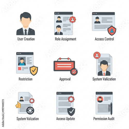 System Validation and Access Control Icons Representing User Management and Permission Audit Processes