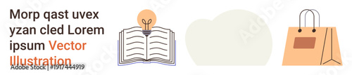Learning concepts, creativity, e-commerce, innovation, education, online shopping. Open book with a light bulb, a cloud and a shopping bag in minimalistic vector style. Learning and creativity theme