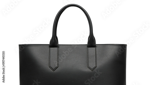 Close-up of a sleek, black leather tote bag with handle detail