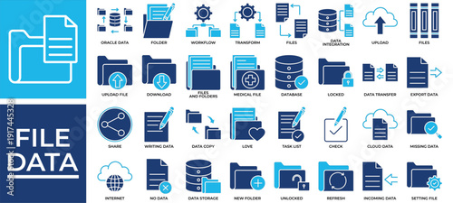 File Data icon set collection. Containing share, transfer, database, task, writing, improve, import .Solid vector icons collection