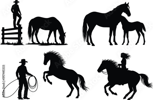 Black Silhouette Vector Set Featuring Wild Horses Galloping Cowboys with Lassos Equestrian Riding Scenes and Rural Farm Life Icons Isolated on a White Background