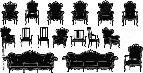 Black vector silhouette set of vintage luxury armchairs classic sofas and royal furniture icons for interior design home decor and antique upholstery branding