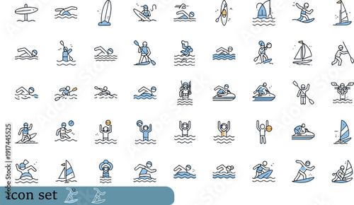 Print Versatile Water Sports and Summer Recreation Icon Bundle Featuring Two-Tone Blue and Grey Illustrations of Surfing Swimming Kayaking and Competitive Aquatic Games