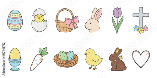 Cute Easter holiday icons featuring decorated eggs bunny chick basket carrot tulip heart and cross for spring celebration greeting materials nursery decor and seasonal promotion
