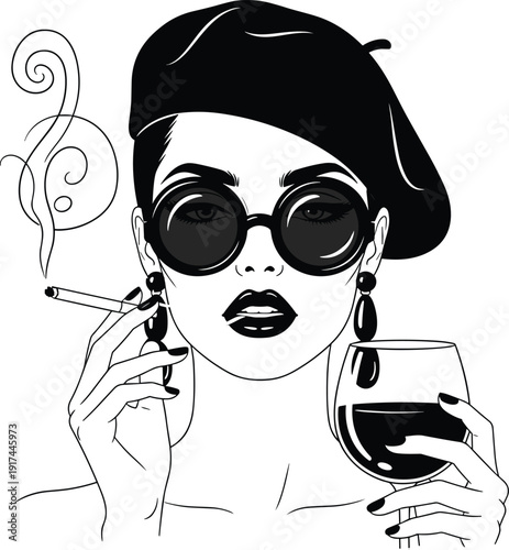 Elegant Parisian woman in black beret and sunglasses smoking cigarette and holding wine glass, vintage noir style line art illustration for luxury lifestyle