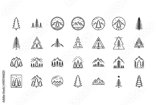 Foto Monoline pine forest logo set outline evergreen tree badge icons for eco brandin