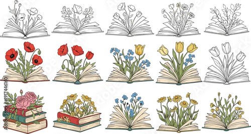 Hand drawn floral illustrations of blooming flowers growing from open books, colorful botanical line art set isolated on white background for vintage design
