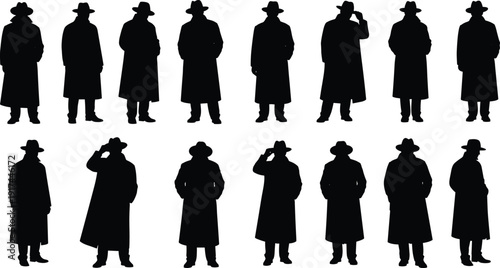 Set of detective silhouette figures in trench coat and fedora hat isolated on white background, mystery spy character collection