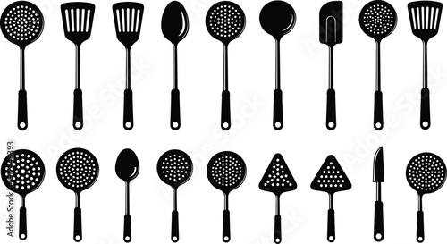 Set of kitchen utensil silhouette icons including spatula, spoon and skimmer isolated on white background collection