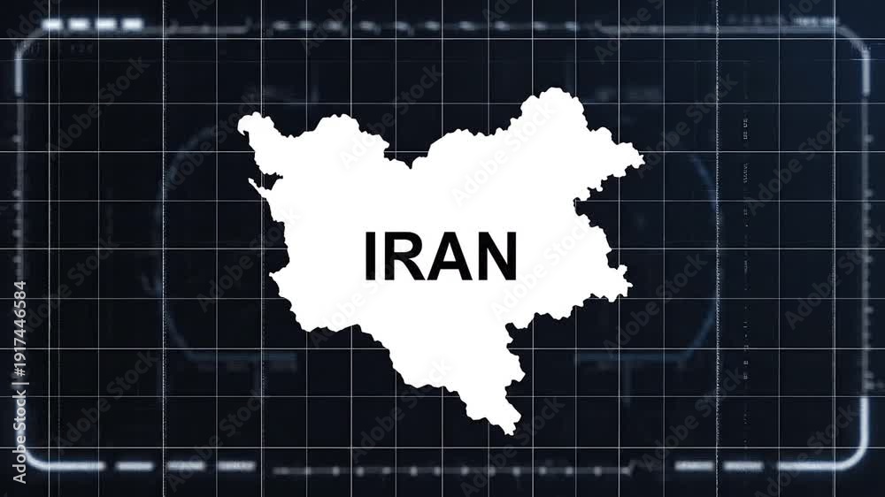 Outline map of Iran with text on a dark digital interface background ...