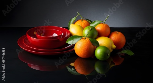 Vibrant oranges and lemons with green leaves on red plates and bowl on black table