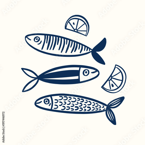 Set of hand drawn cute sardines and lemons. Vector illustration on isolated background. Cute stylized illustration with decorative elements.