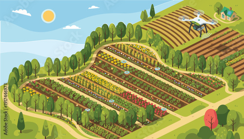 Precision Agriculture Illustration with Agricultural Drone Monitoring Diverse Crop Fields