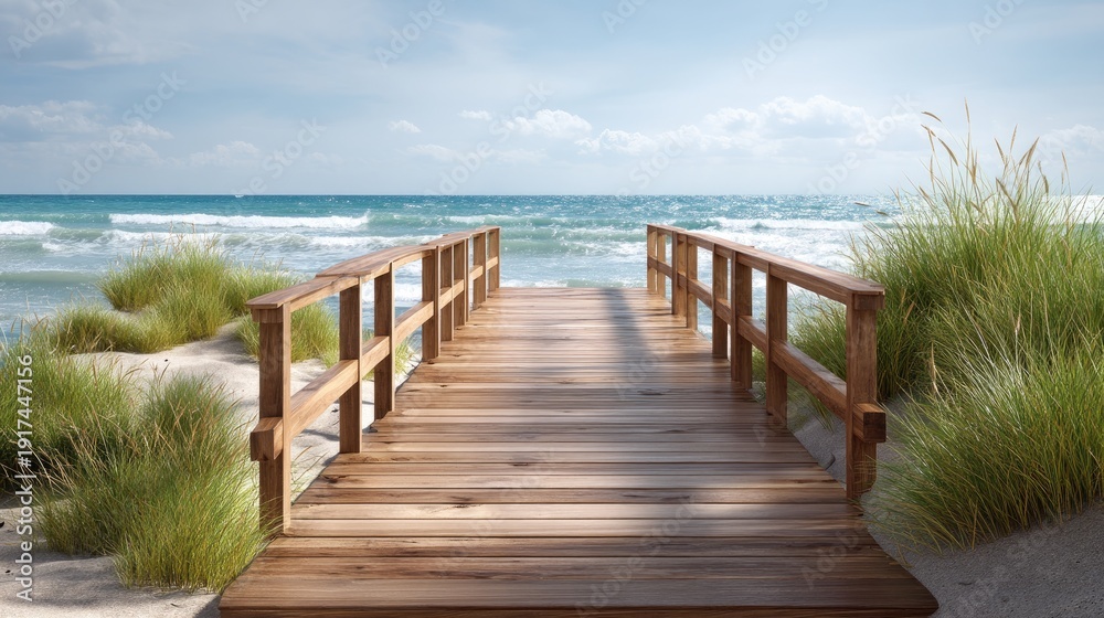 Obraz premium Serene Coastal Boardwalk Overlooking Tranquil Ocean Waves and Lush Green Grass Beside Sandy Shoreline