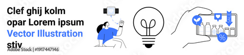E-commerce, digital shopping, creative ideas, innovation, mobile shopping, technology solutions. Illustration shows a person with tech, a light bulb, and a smartphone displaying product ratings