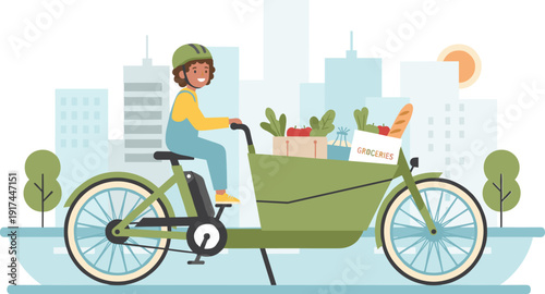 Eco Friendly Cargo Bike Delivery with Groceries in Urban City