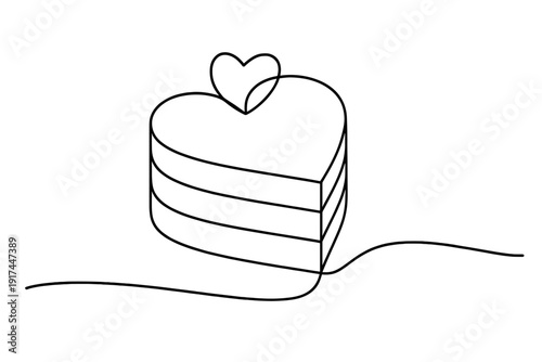 Minimalist Heart Cake. Sweet love confection. Minimalistic one-line drawing heart-shaped layered cake slice,