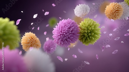 Colorful abstract composition of fluffy textures and petals floating in a dreamy atmosphere with a pastel gradient background