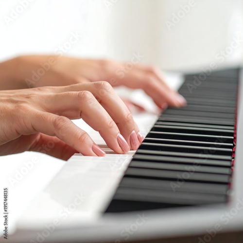 Hands playing a musical instrument with black and white keys, close-up shot
