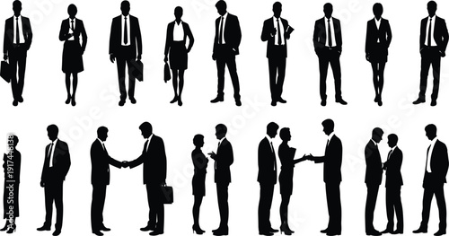 Business people silhouette set with men and women in formal suits, handshake and standing poses isolated on white background for corporate design