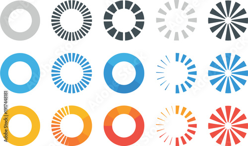 Circular infographic progress bars set with segmented radial charts in gray, blue, yellow and red colors isolated on light background.