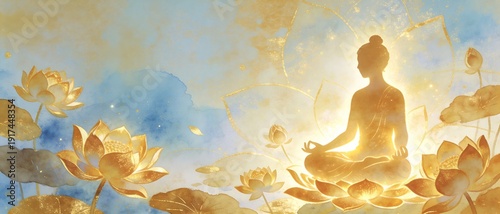 Golden silhouette of a person meditating on a lotus flower with watercolor background. Spiritual contemplation and serenity for religion.