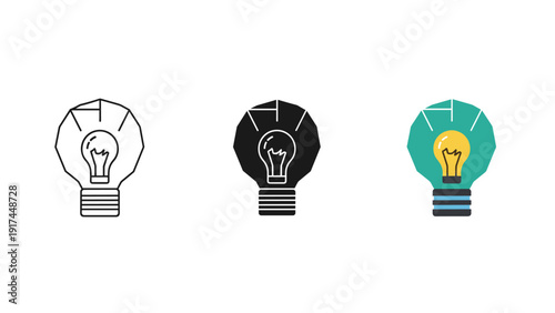 Three light bulb icons in different colors and styles Vector