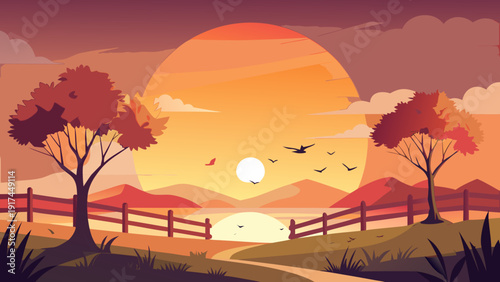 A serene sunset over a tranquil countryside landscape with a wooden fence. Vector