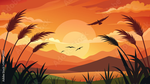 A flock of birds flying over a field of tall grass at sunset Vector