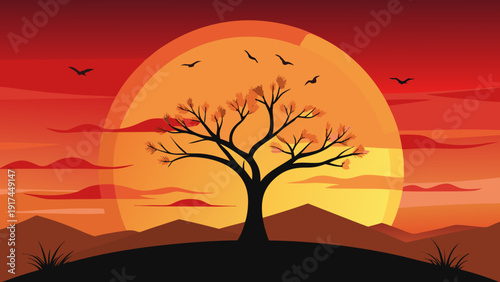 A lone tree stands on a hill during a vibrant sunset with a red sky Vector