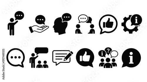 Diverse team collaboration and communication concepts with digital interaction and feedback icons