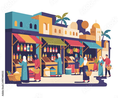 Ramadhan marketplace scene featuring people shopping for goods during a festive occasion, evoking a sense of islamic and religius