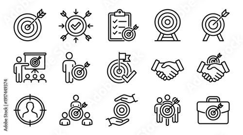 Collection of Target and Goal-Themed Icons for Business, Marketing, and Strategy Concepts