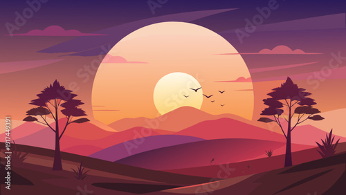 A serene sunset over a tranquil landscape with three palm trees and a large sun Vector