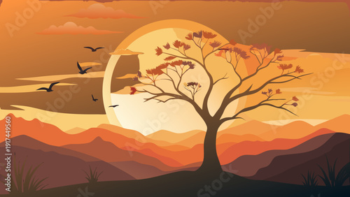 A majestic tree stands tall against the setting sun with a bird in flight Vector