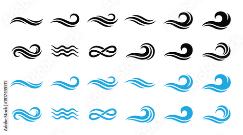 Collection of Elegant Black and Blue Wave and Swirl Abstract Design Elements for Creative Projects