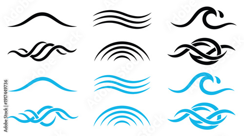 Collection of abstract wave and Wi-Fi signal icons in black and blue minimalist line art style