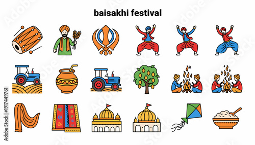 Baisakhi Festival Icons: Punjab Culture, Harvest, Celebration, Dance, Tradition