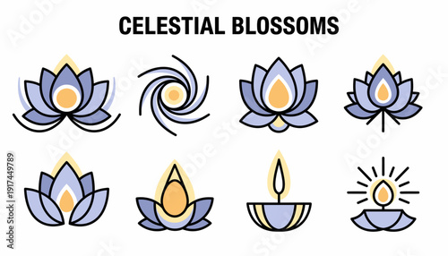 Celestial Blossoms Icon Set: Lotus Flowers and Spiritual Symbols