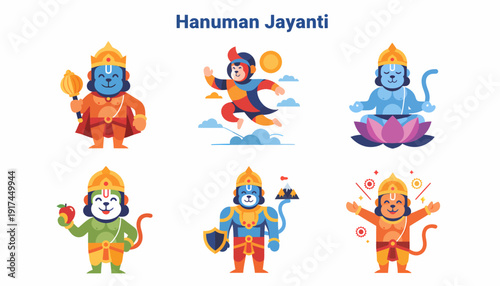 Hanuman Jayanti Indian God Monkey Warrior Deity Illustrations Set