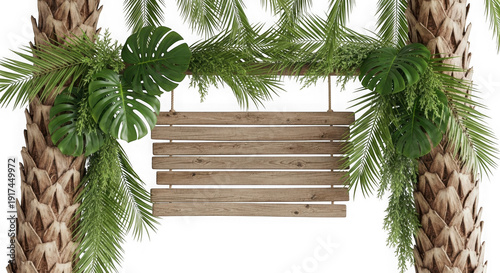 3d rustic wooden sign with tropical foliage isolated on transparent background