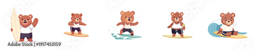 Surfing Bear Mascot Collection Cute Flat Design Beach Summer Sports Characters Illustration Set