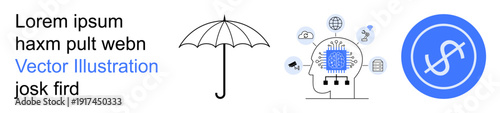 Technology, innovation, financial security, neural networks, insurance concepts, and data protection. Features an umbrella, a brain with circuits and a currency symbol. Technology and financial
