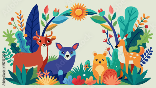 A whimsical illustration of a cat and a rabbit in a vibrant, floral archway Vector