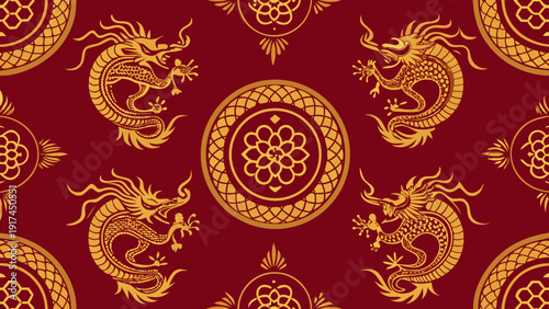 Intricate golden dragons and patterns on a rich red background Vector